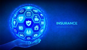 Insurance Services Concept. Car, travel, family, real estate, education, intellectual property, financial and health insurance. Abstract 3D sphere or globe with icons in hand. Vector illustration