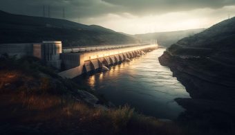 Hydroelectric power station generates electricity in mountain landscape generated by artificial intelligence
